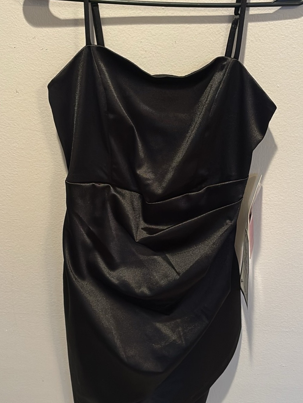 Emerald Sundae Black Satin wrap front Ruched Mini Dress